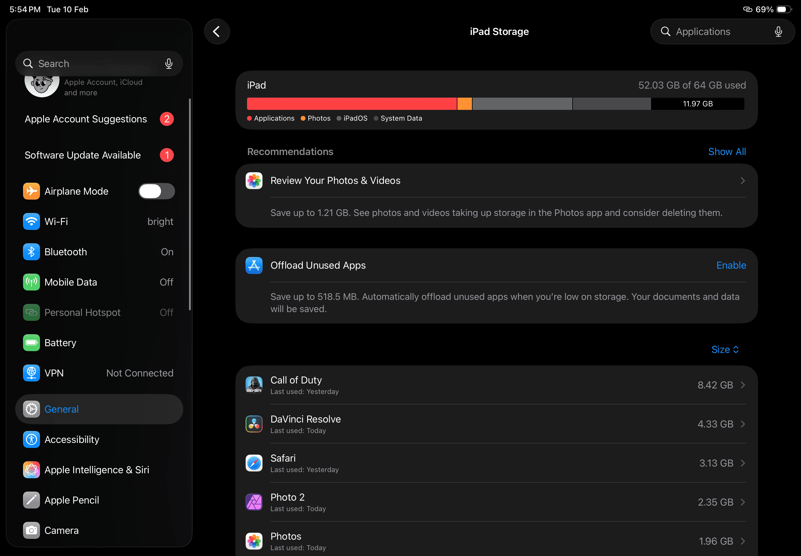 iPad Storage Settings Page