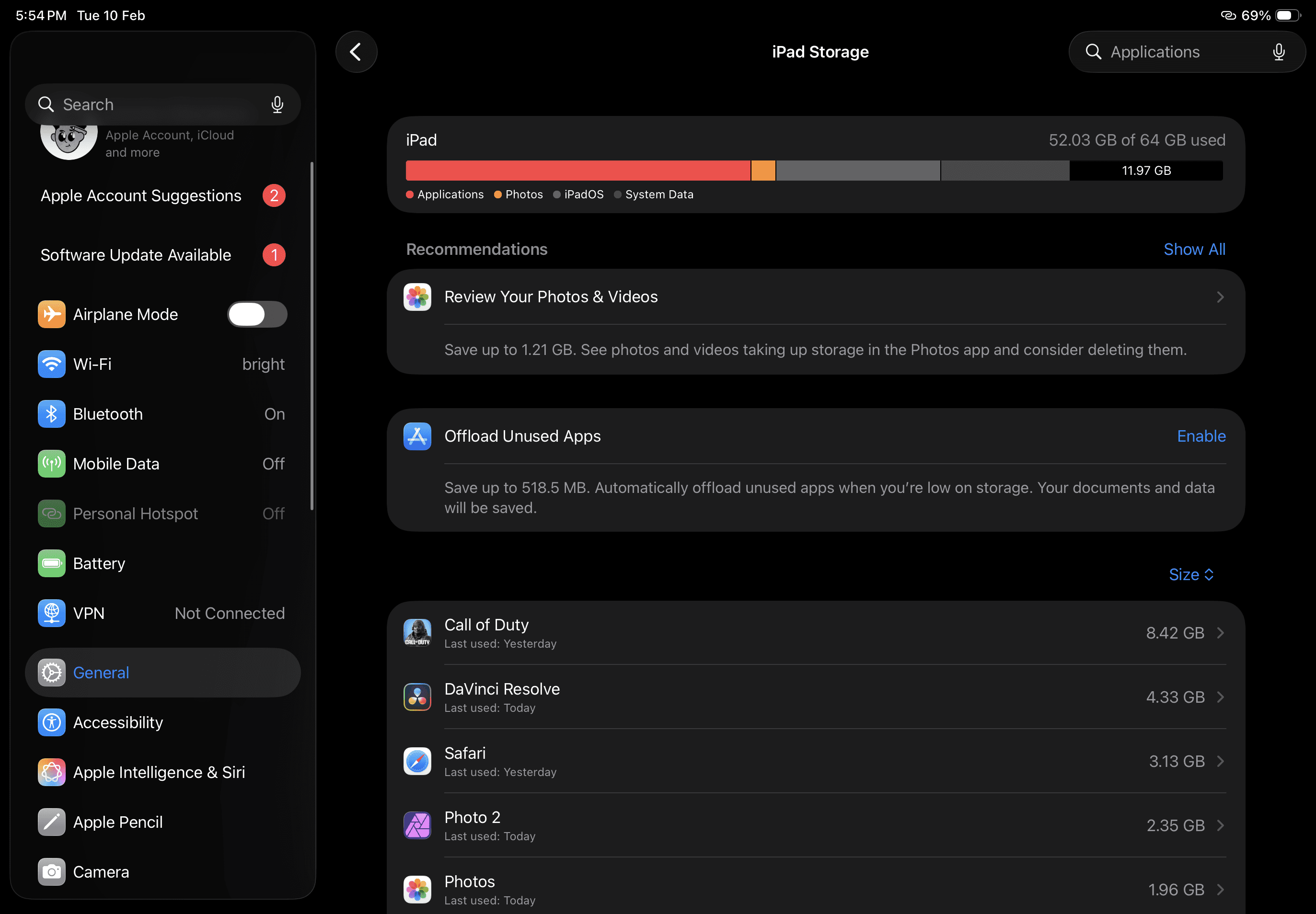 iPad Storage Settings Page