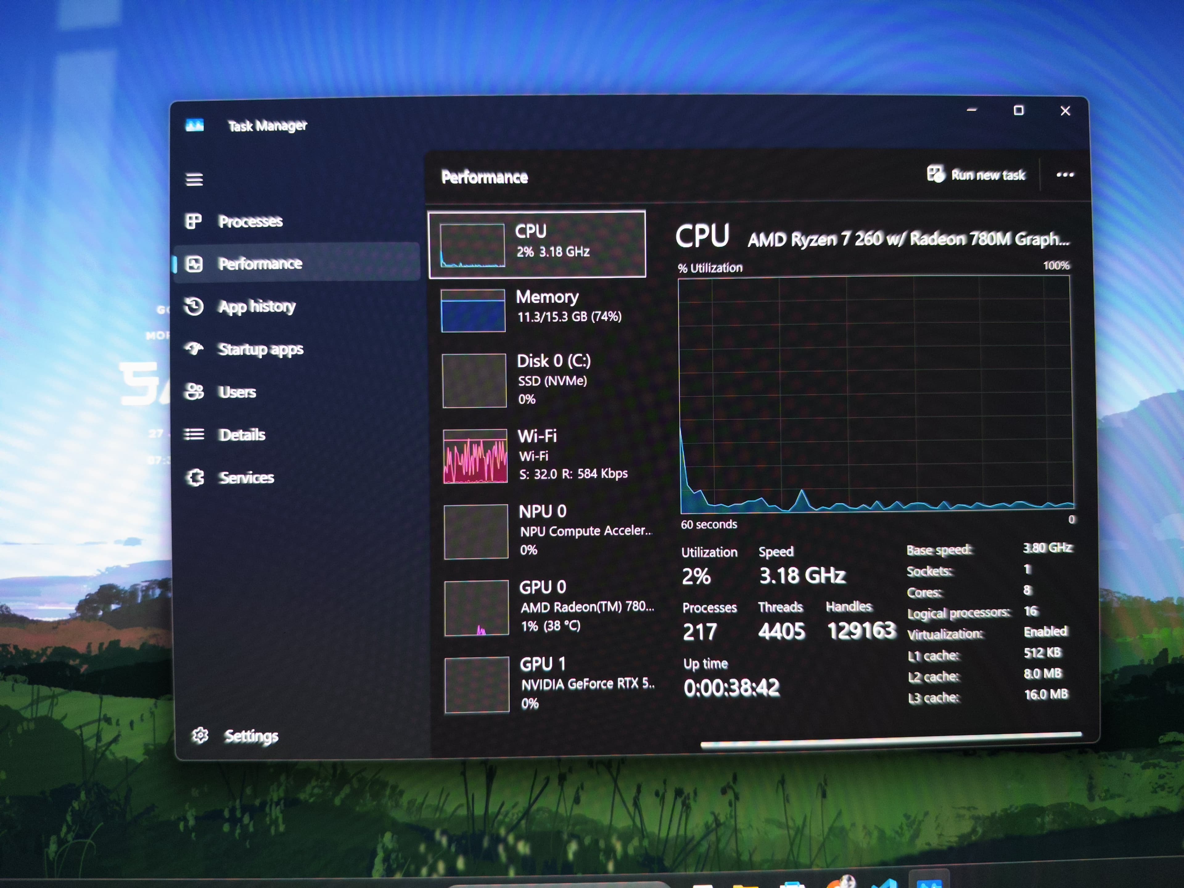 Task Manager showing the CPU