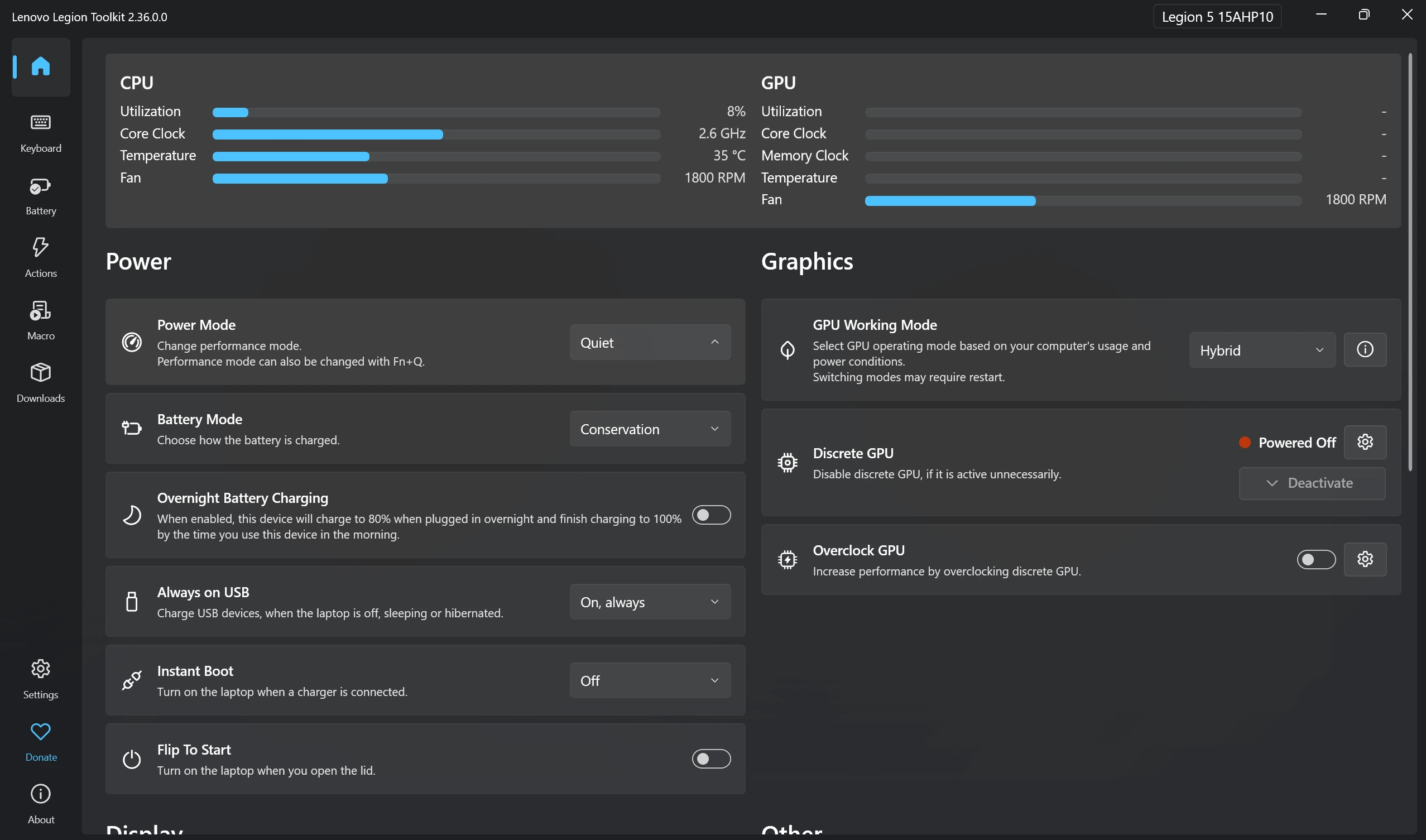 Lenovo ToolKit showing GPU and performance settings