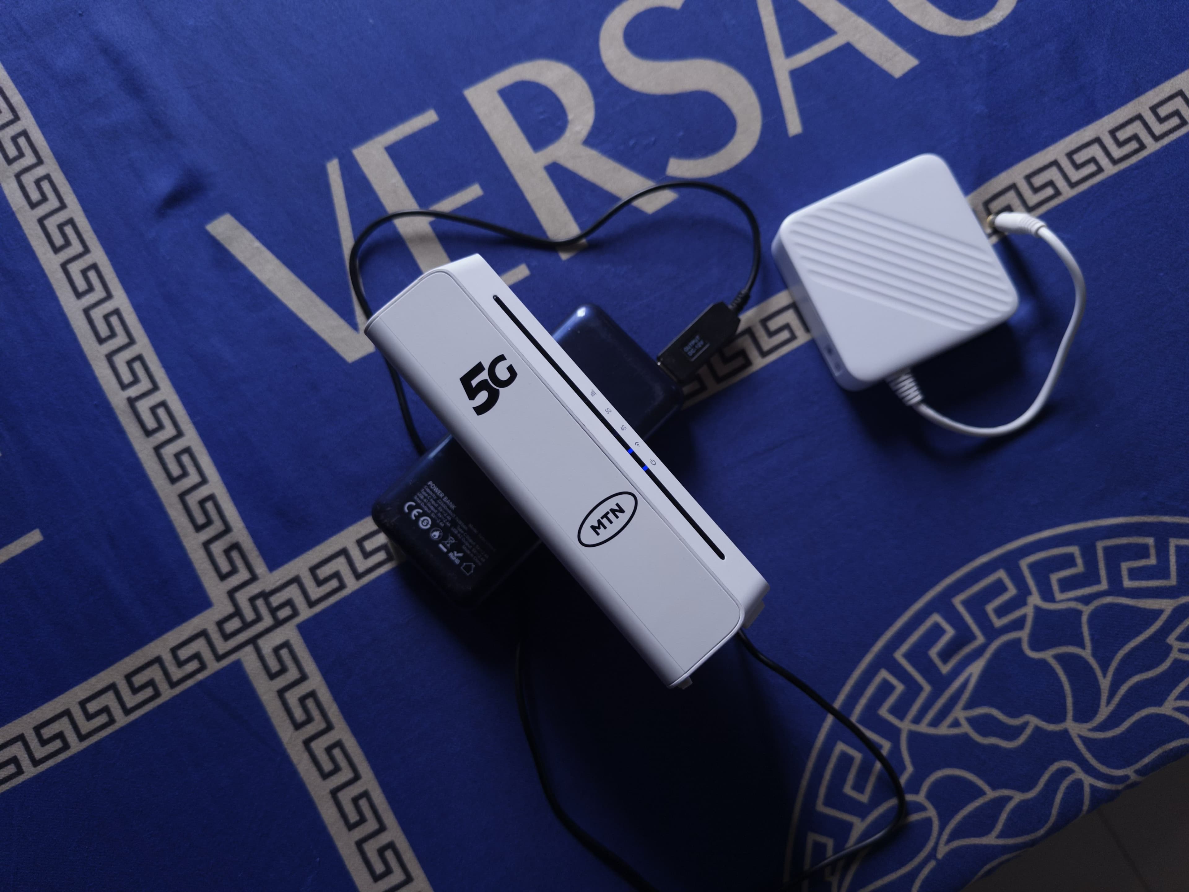 MTN Router plugged into a power bank via step-up
cable