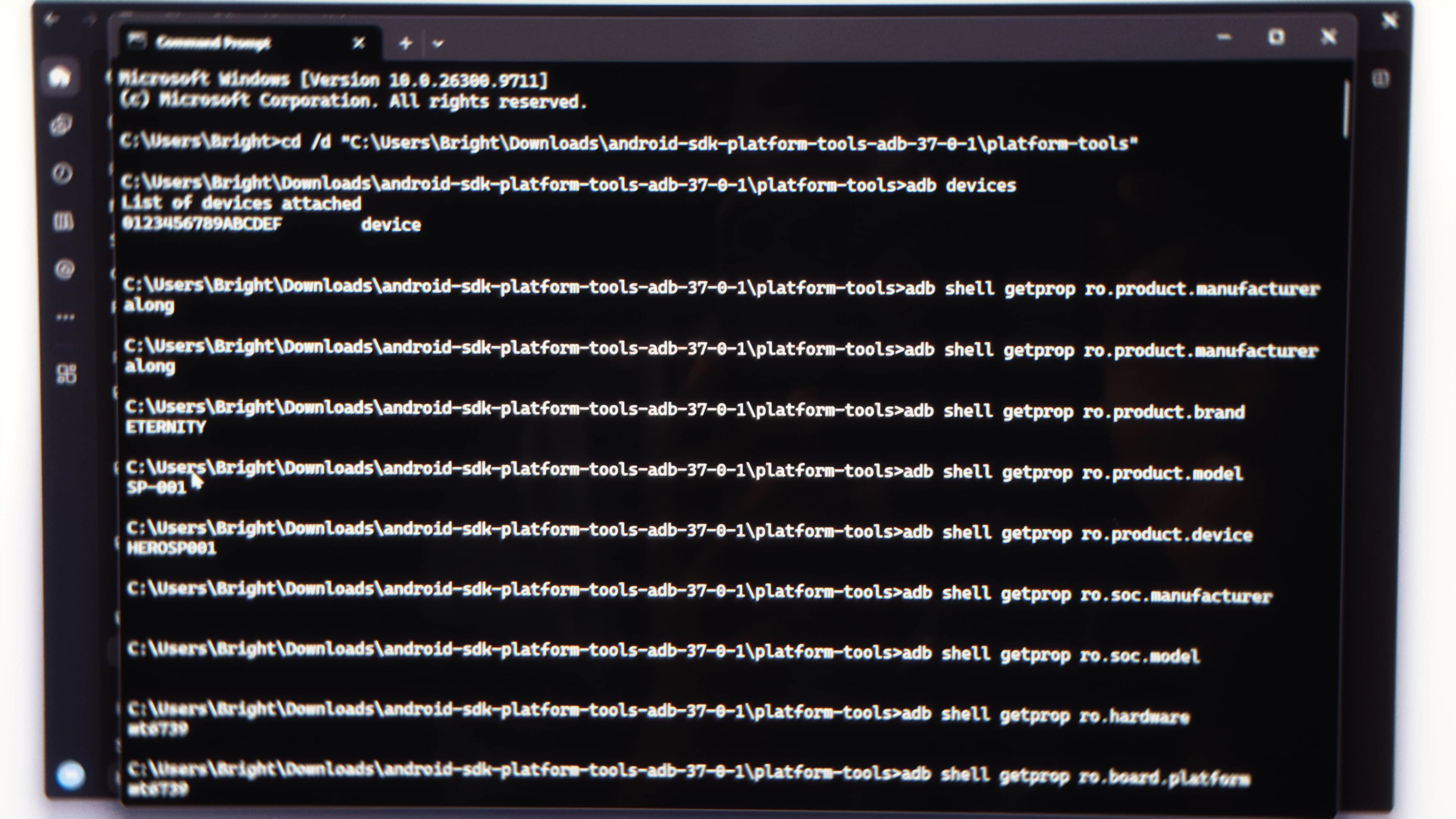 System properties showing ETERNITY, SP-001 and the internal manufacturer information