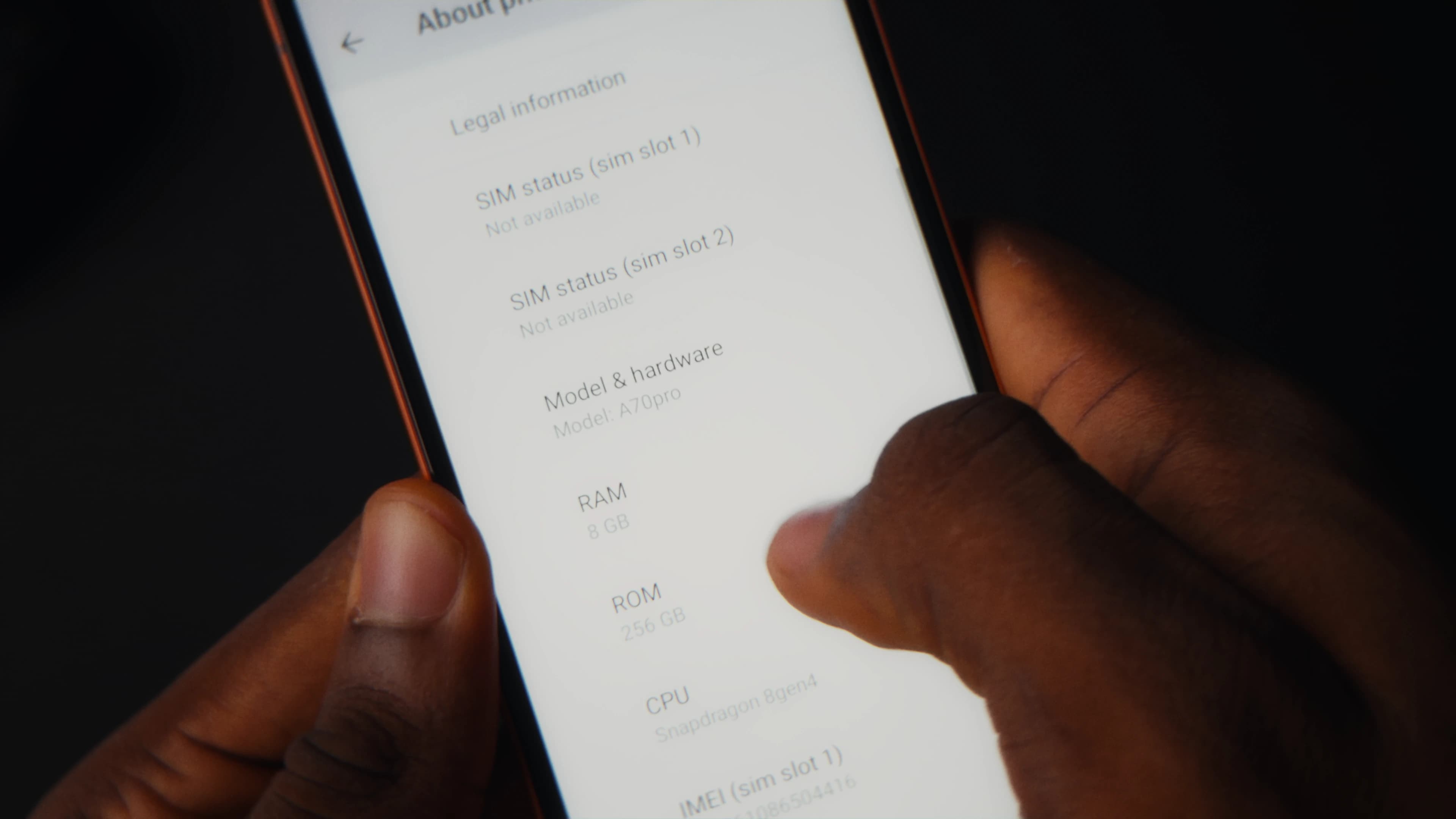 Settings screen on the A70 Pro showing its advertised RAM, storage and Android version